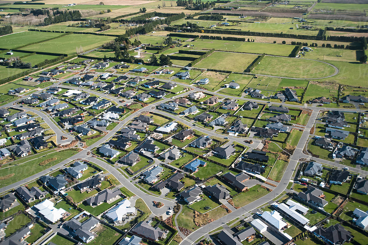 Aerial view of an urban sub-division, Canterbury, New Zealand.
