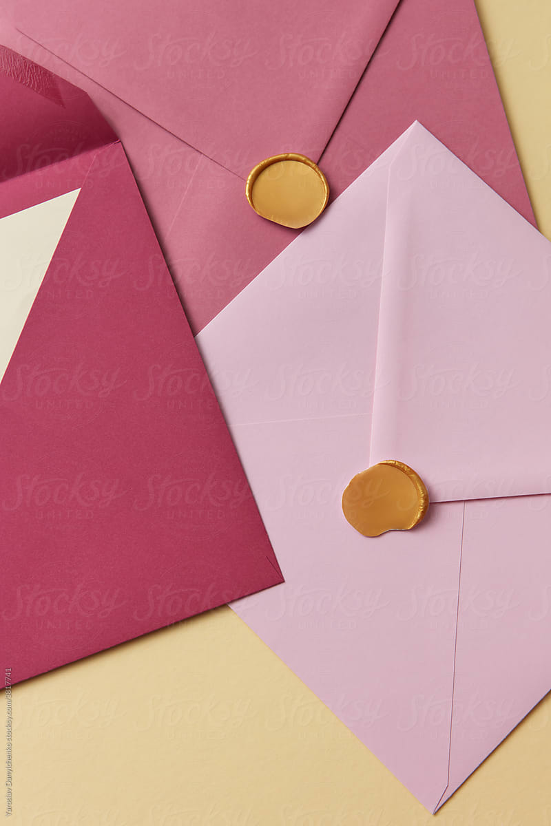 Closeup of pink envelopes for love letters with wax seals