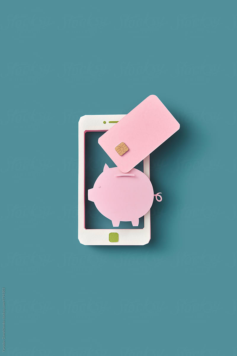 Paper smartphone with piggy bank and credit card.