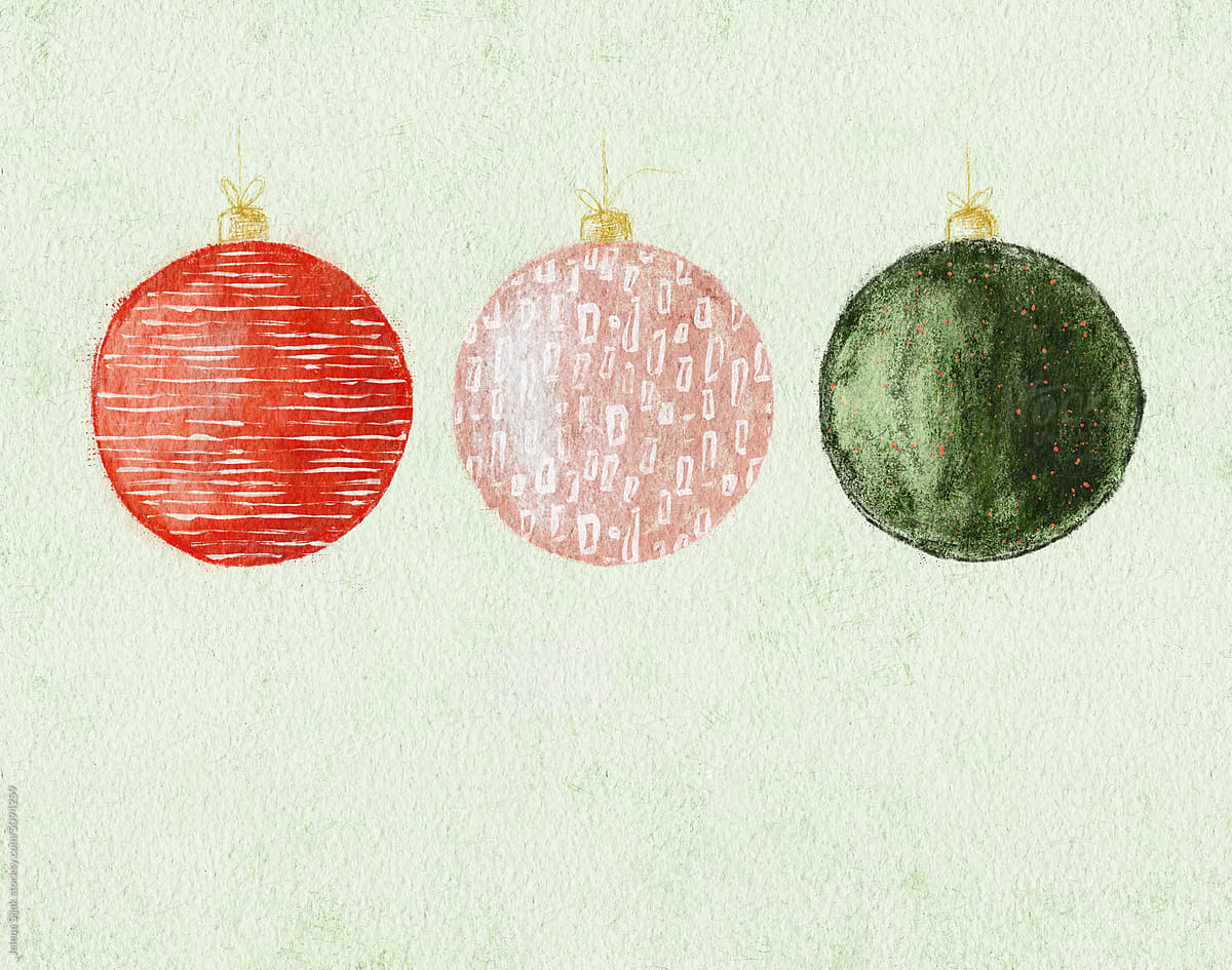Watercolor Christmas balls with colorful details and a golden top.