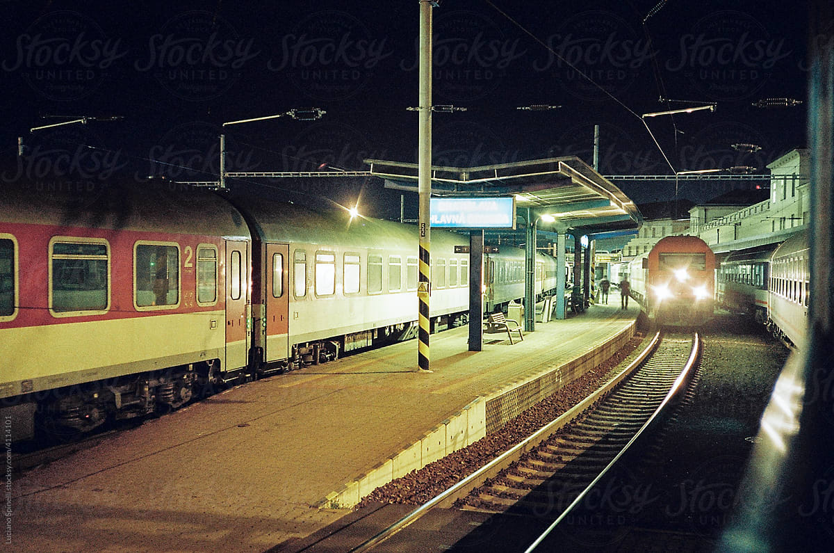 Night train arriving in the station
