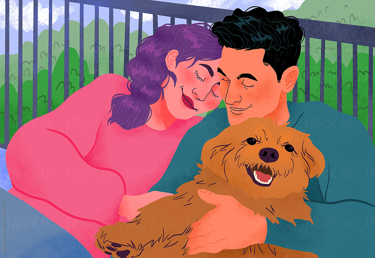 illustration of a Happy young couple enjoying with dog on balcony