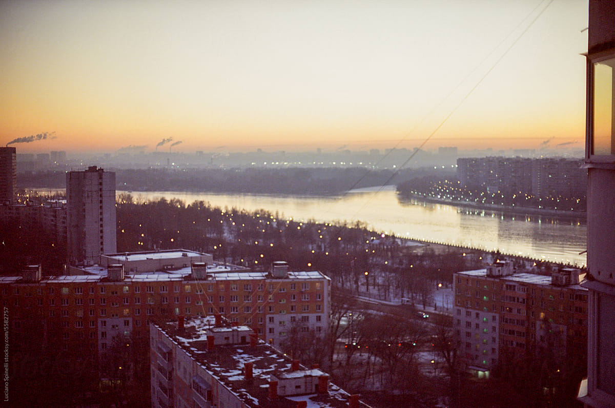 Painting-like photograph of the Moskva River at dawn: urban landscape