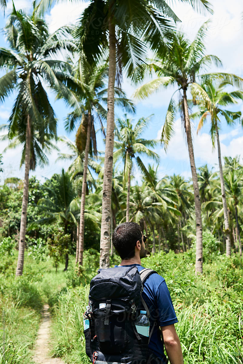 Backpacker traveler walking through the jungle