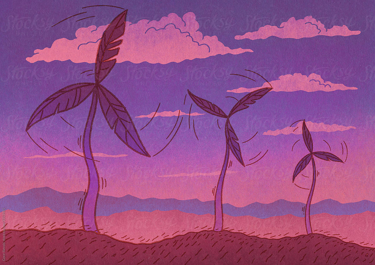 Illustration Of Wind Turbines On Sunset Represented As Plants