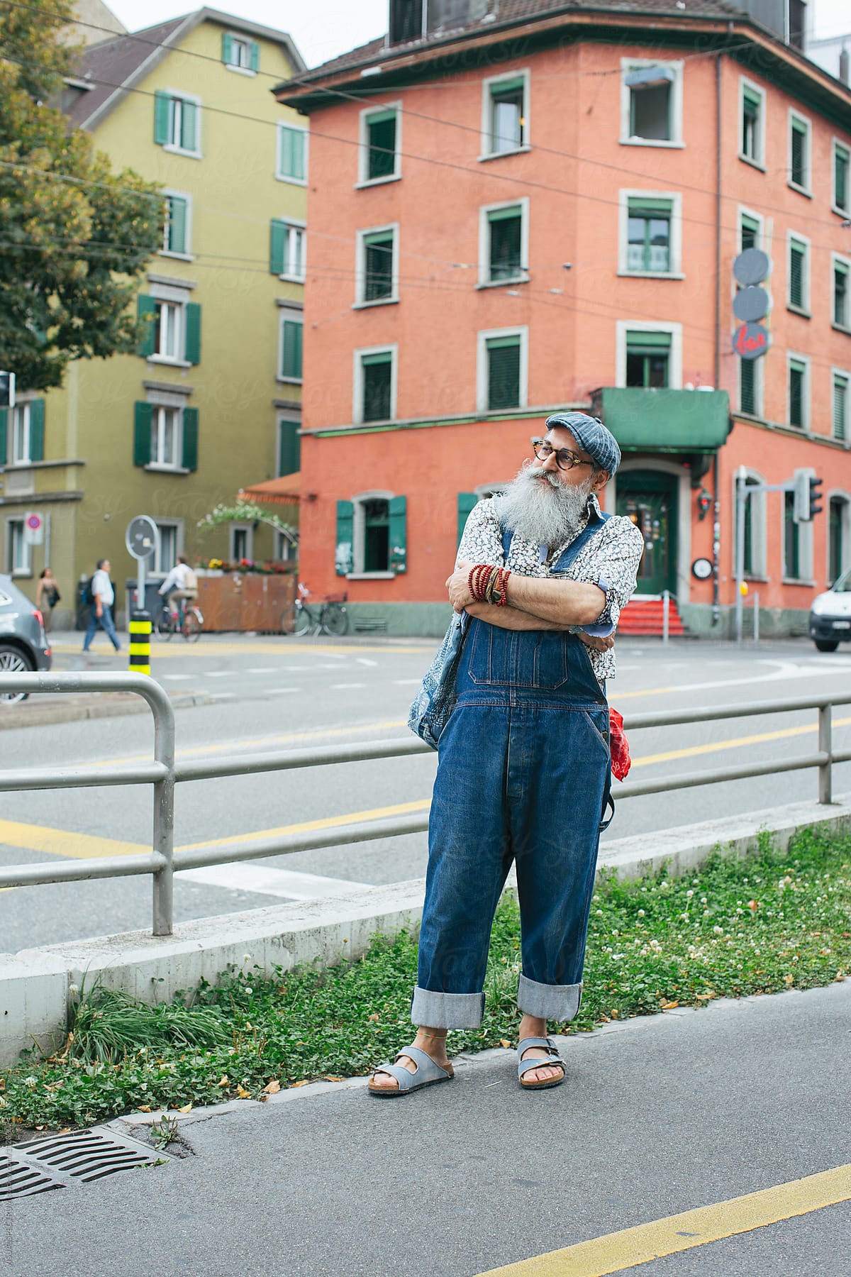 Outdoor City Portrait of Cool Stylish Old Man With Long Grey Hipster Beard