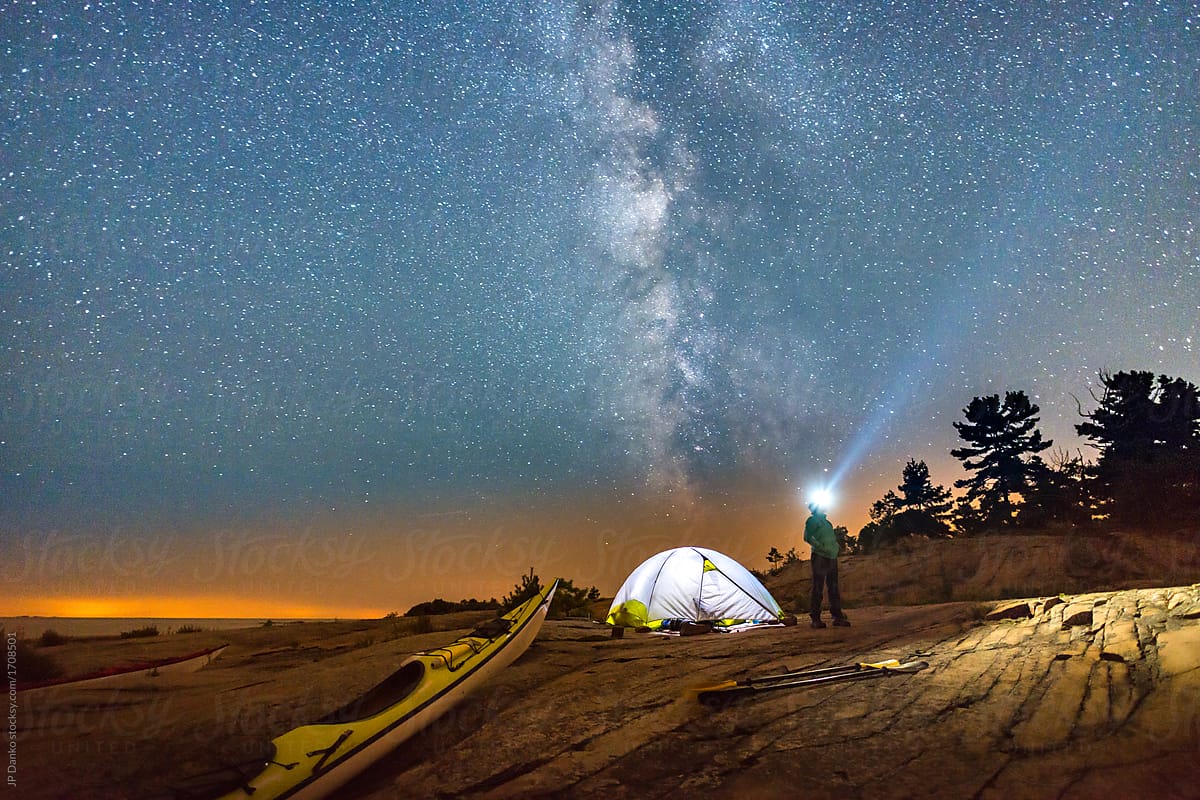 Kayak Winderness Camping Trip With Milky Way Galaxy Night Sky