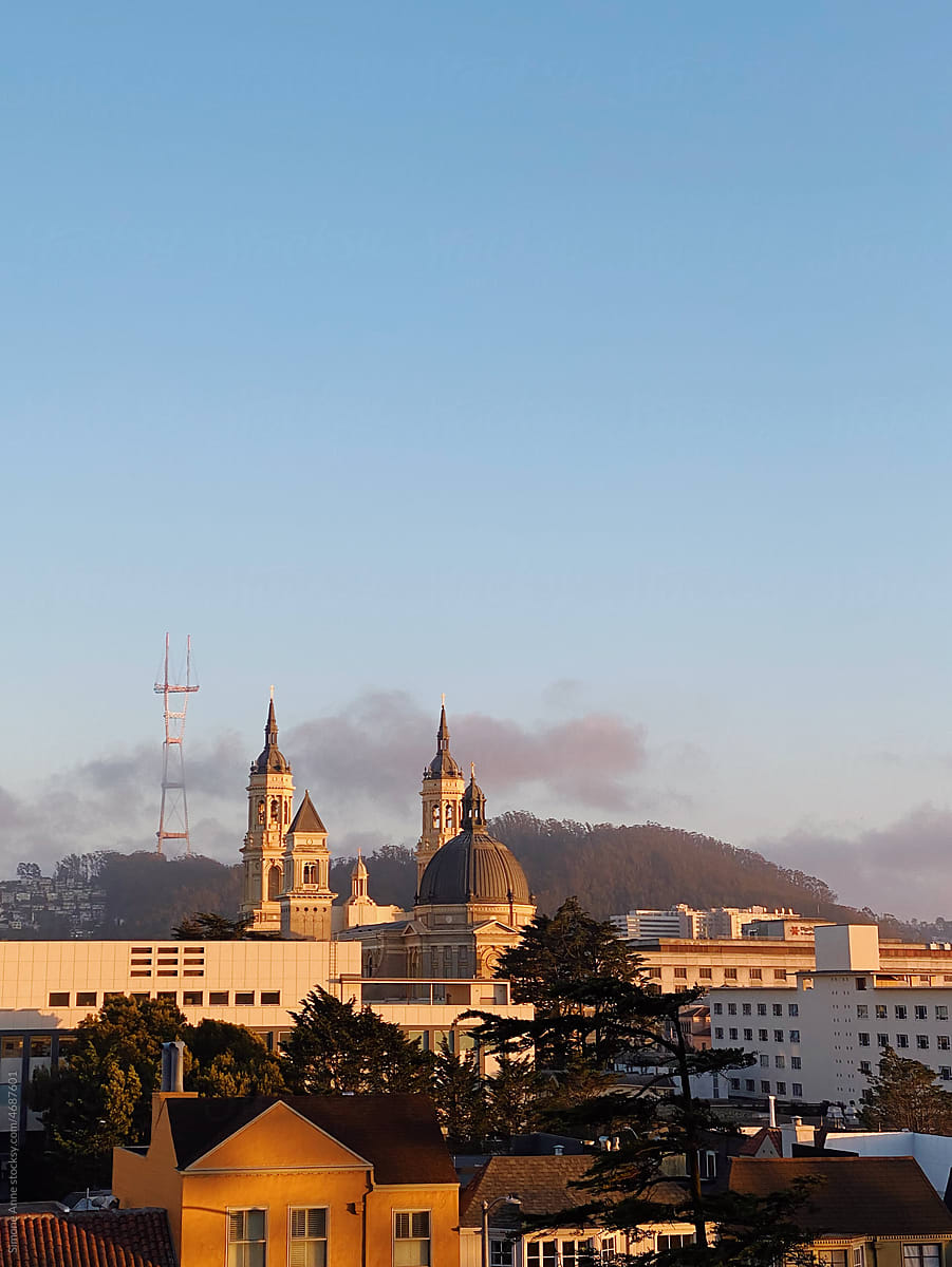 Sunset over church in San Francisco