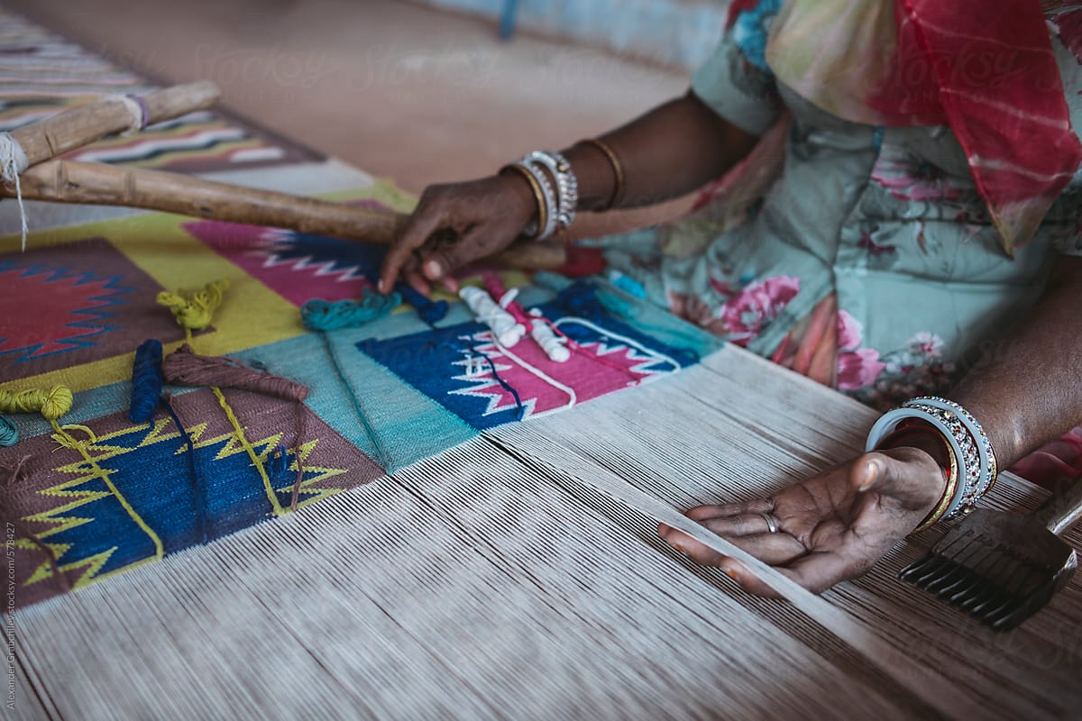 Indian Woman Weaving Textiles (durry)