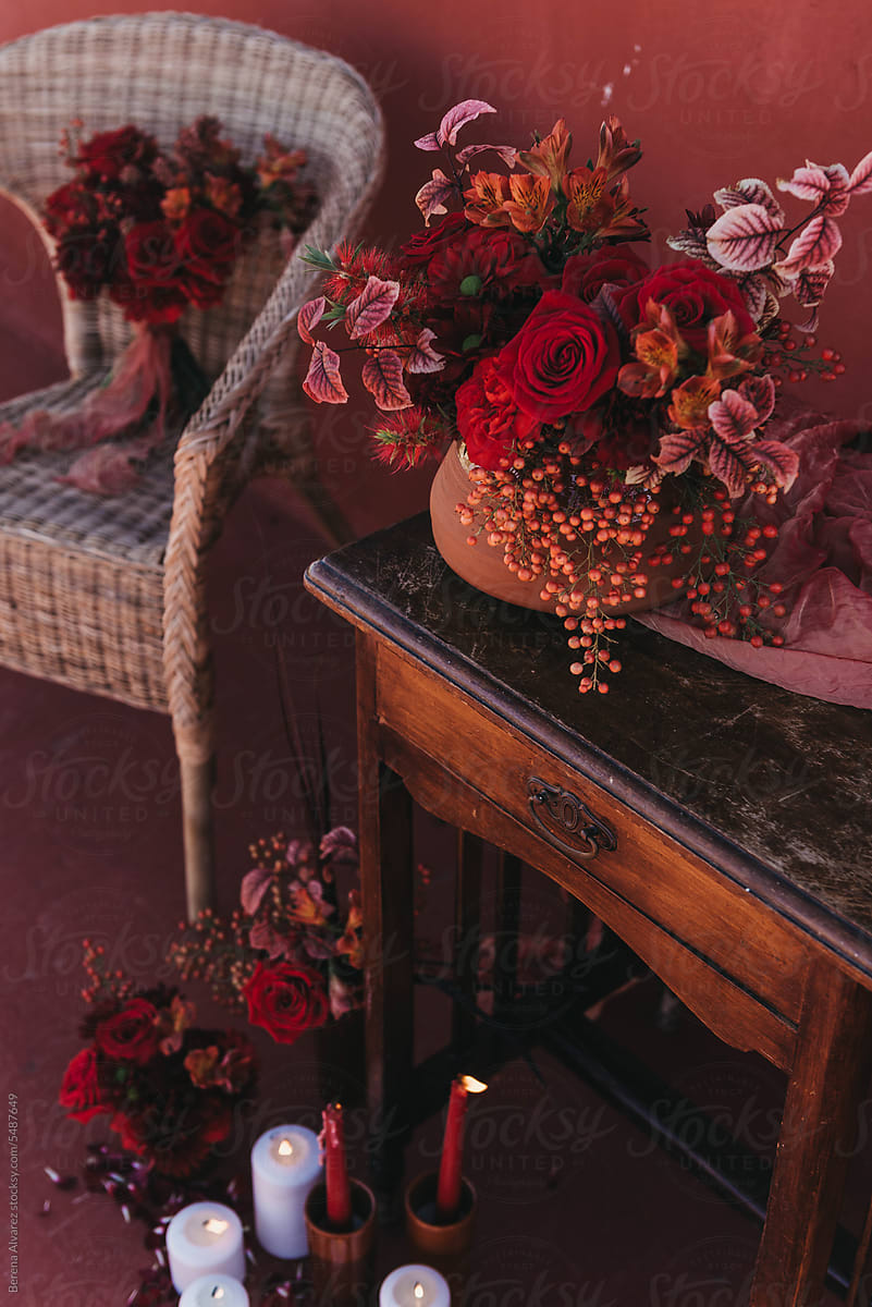 floral still life in red tones