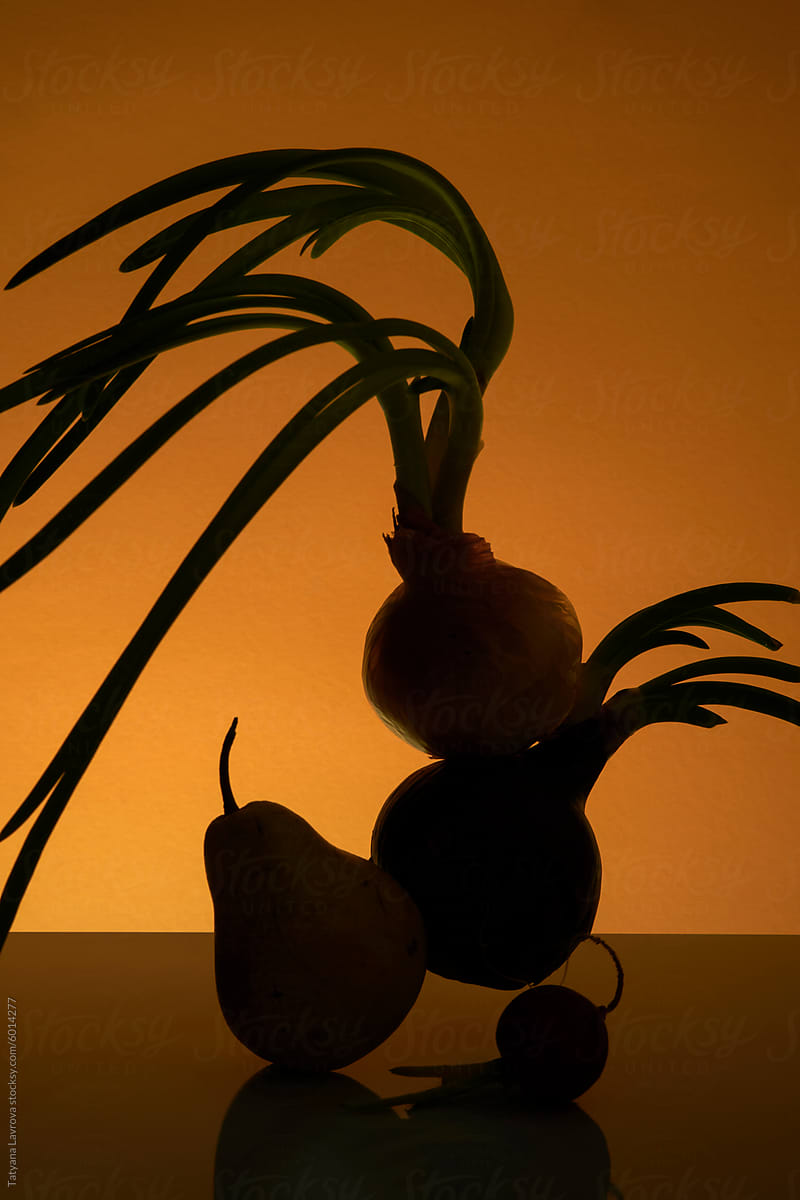 Silhouette of plants, fruits and vegetables on warm orange backdrop.