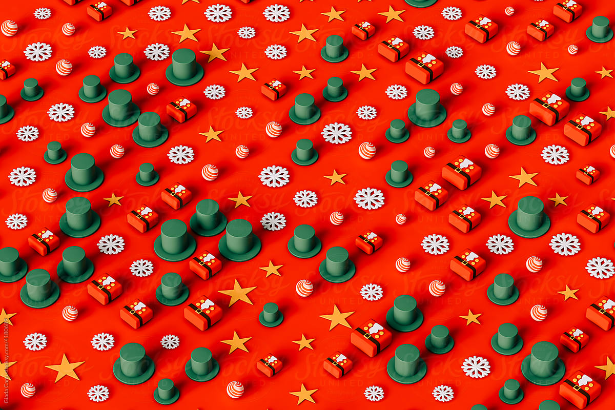 3D Christmas decorations in different sizes on red.