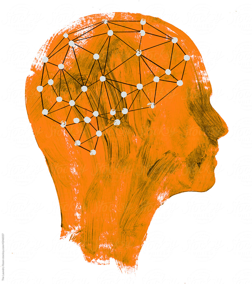 Brain Network inside Female Head in Bright Orange Ink