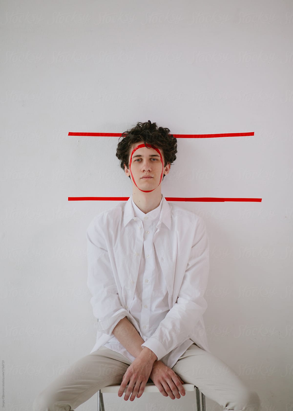 Young man posing with red sticky tape on his face