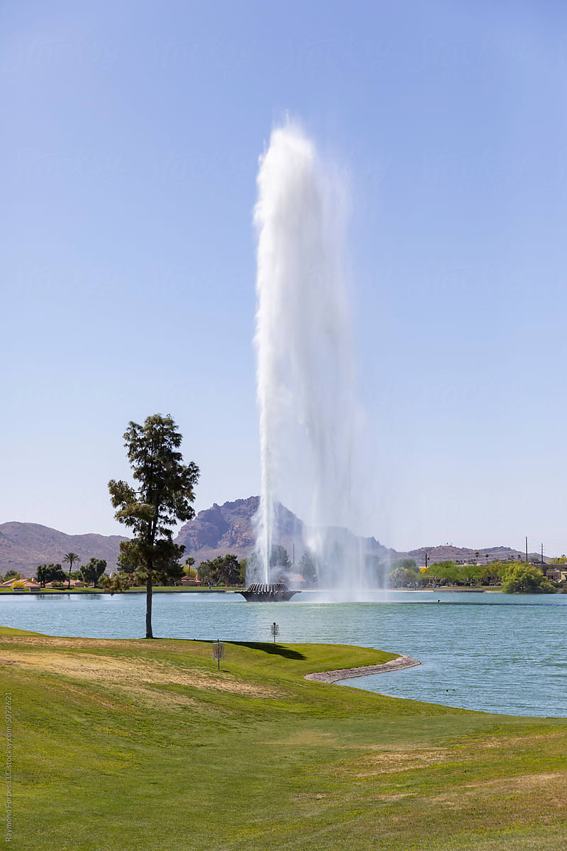 Arizona Landscape mountain view and fountain in park