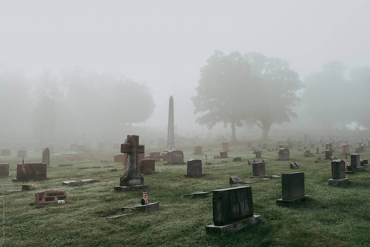 A foggy cemetery