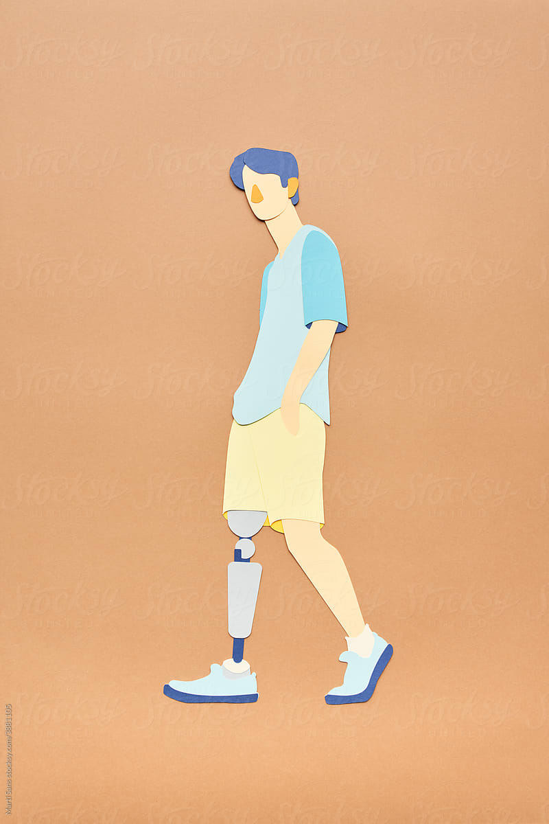 Young amputee man with leg prosthesis vector illustration