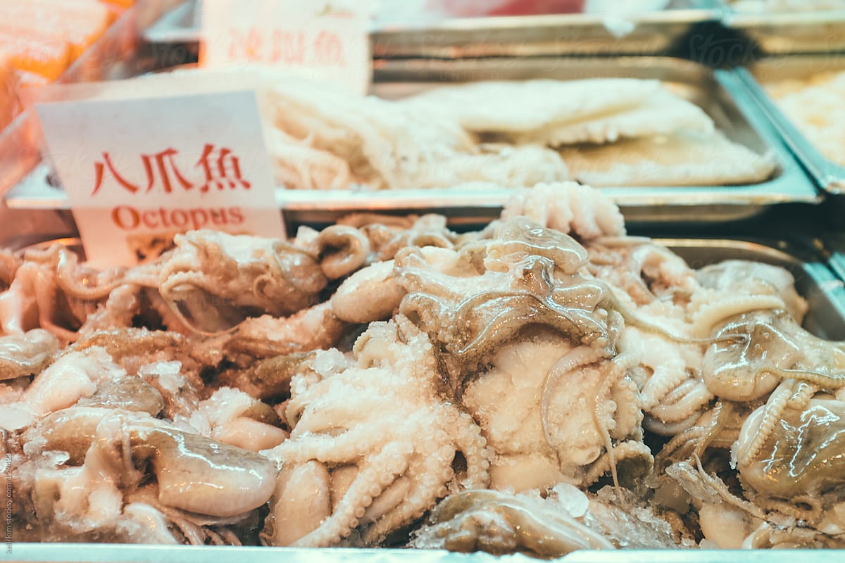 Raw octopus for sale at Asian fish market