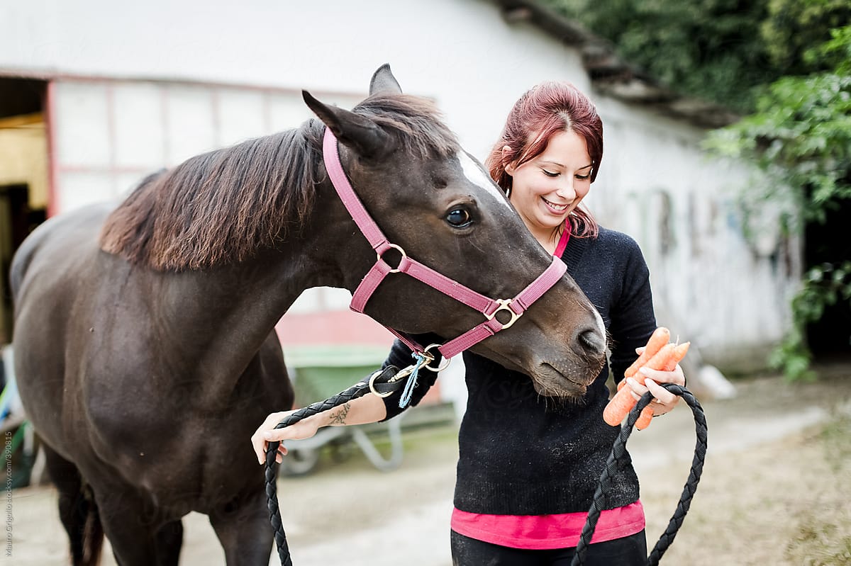 Happy woman gives a carrot to her horse