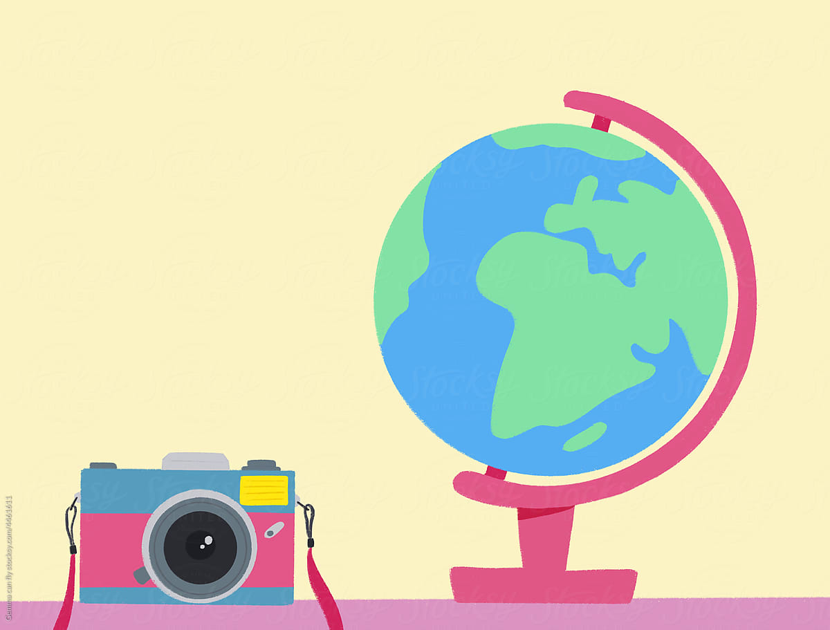 World globe and camera travel illustration