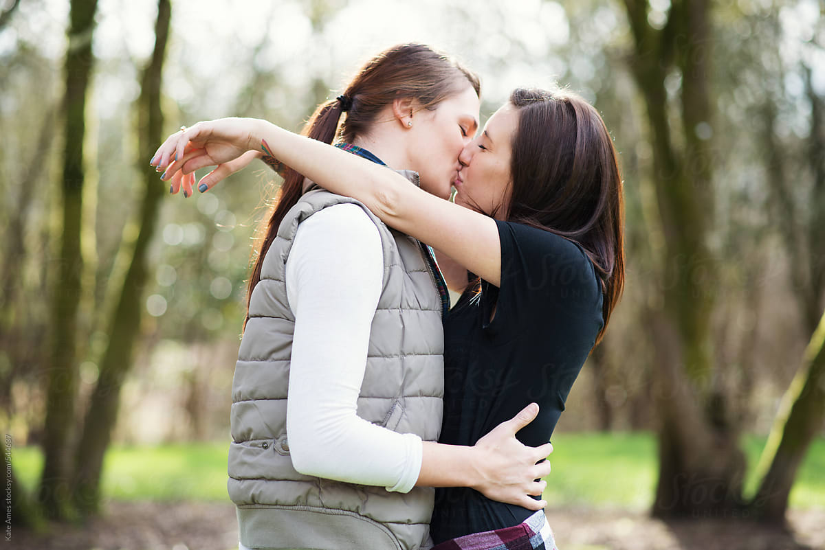 Attractive Young Lesbian Couple Kiss In The Park By Kate -1095