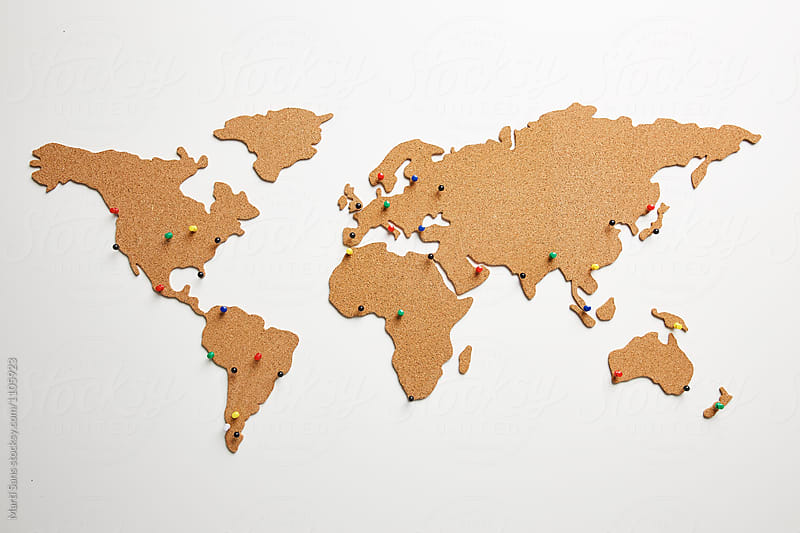 World map with push pins on places where you've been.