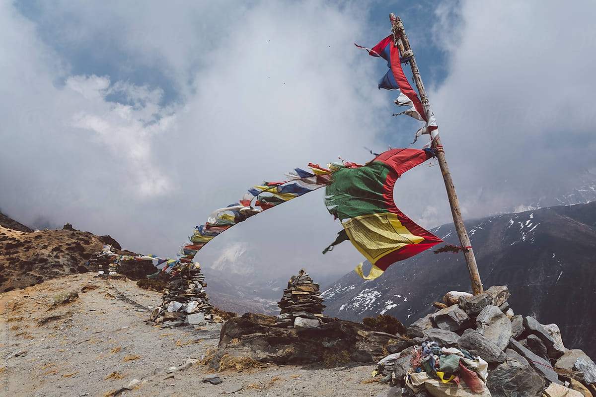 Prayer flags flying on the wind in Himalayas