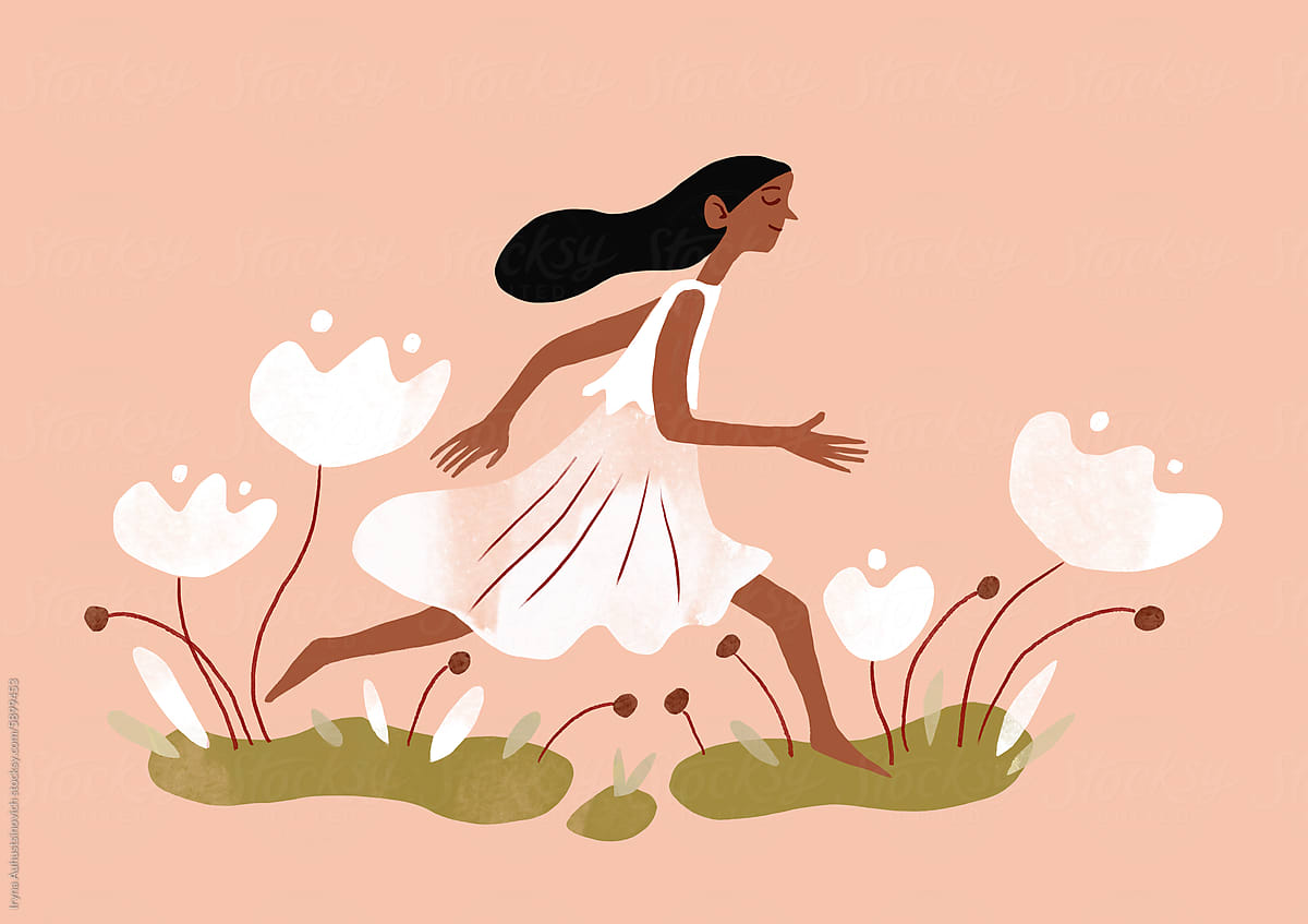 illustration with a young beautiful girl running among white flowers