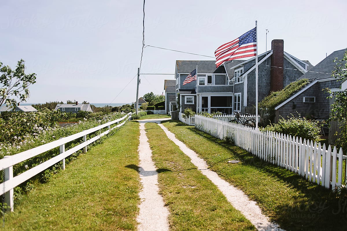 Nantucket Landscape with Beach Cottages in Summer on Dirt Road