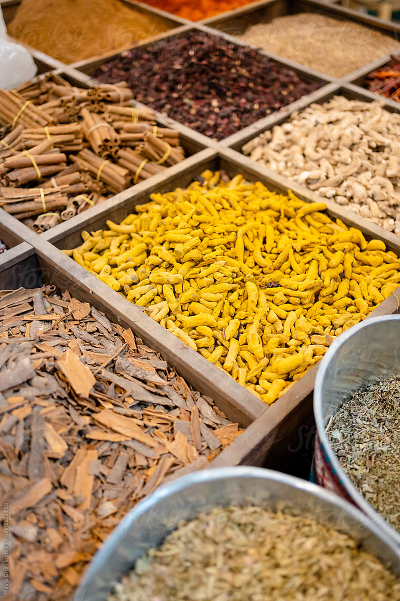 Spices and herbs for sale in a market