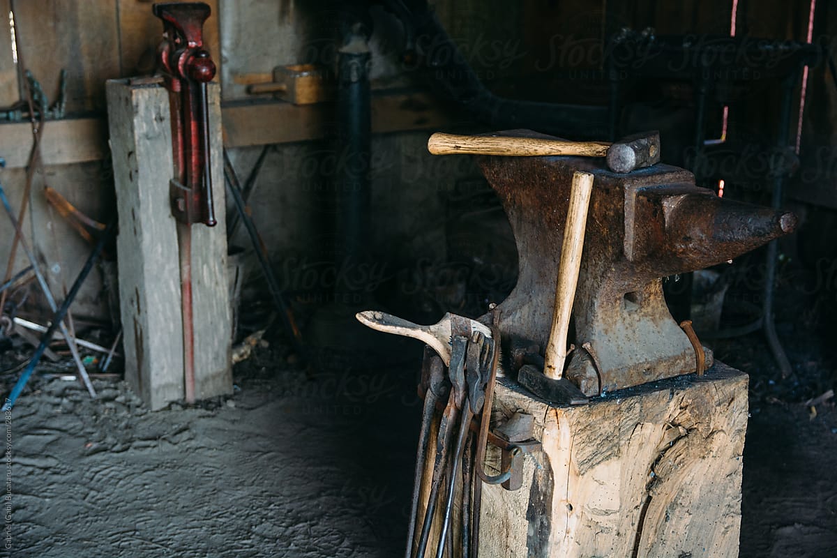 Hammer and Anvil in an Old Blacksmith Shop