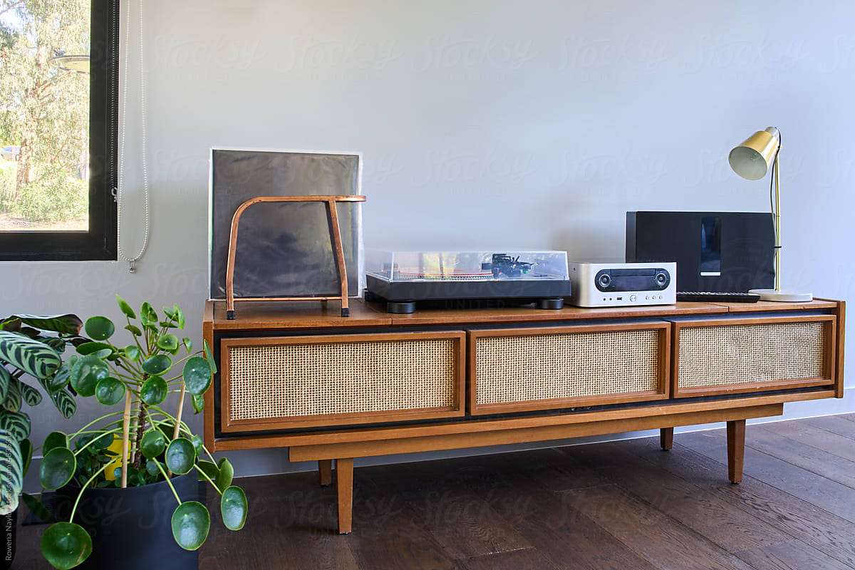 Vintage radiogram with Record deck and record collection