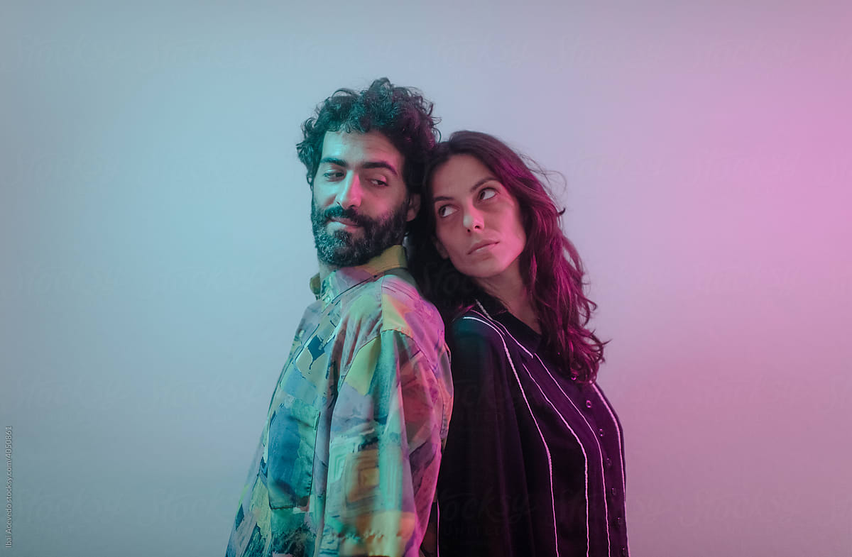 Portrait of two lovers with neon light