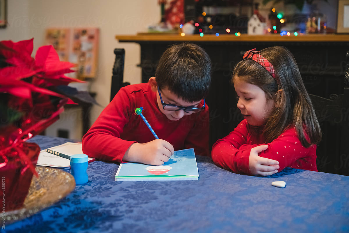 Brother and Sister Writing to Santa Claus