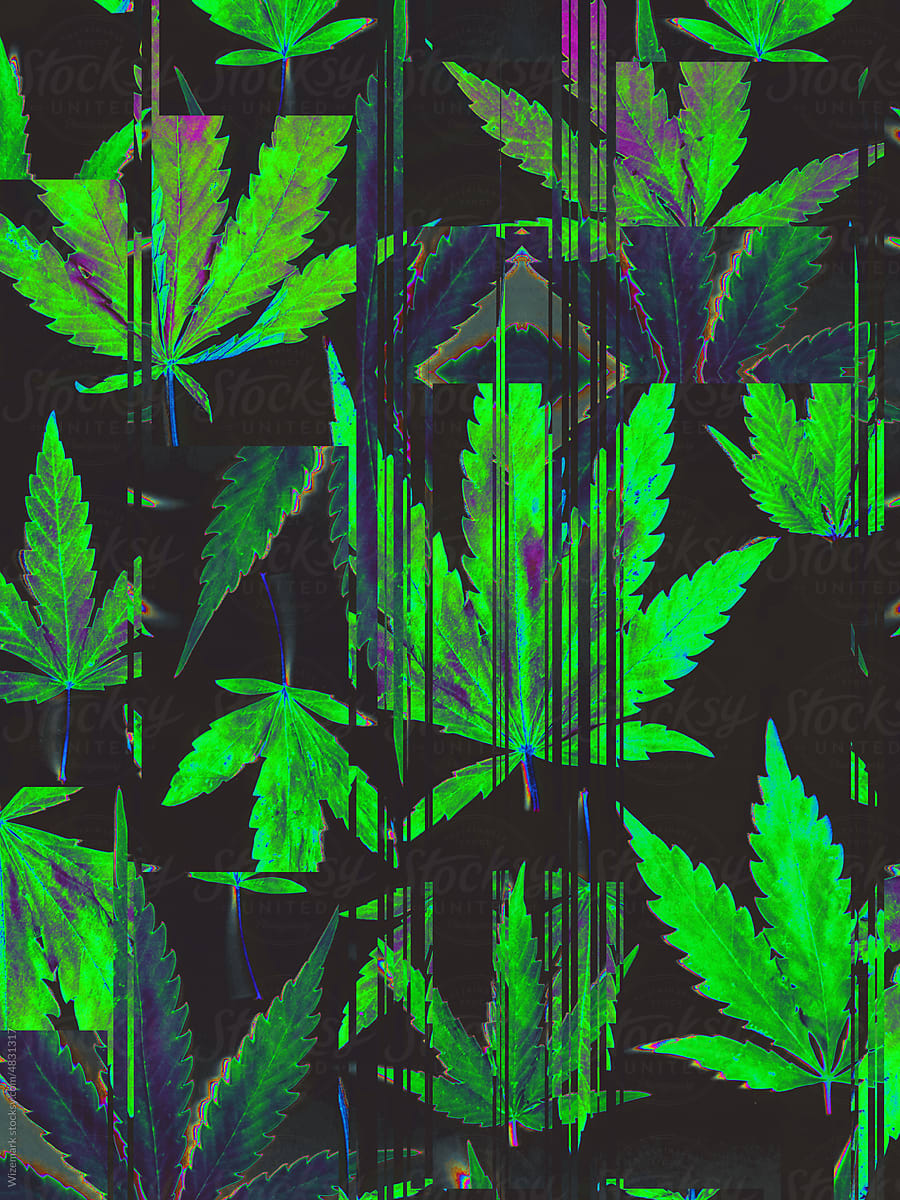 Glitch effect on marijuana, cannabis leafs background
