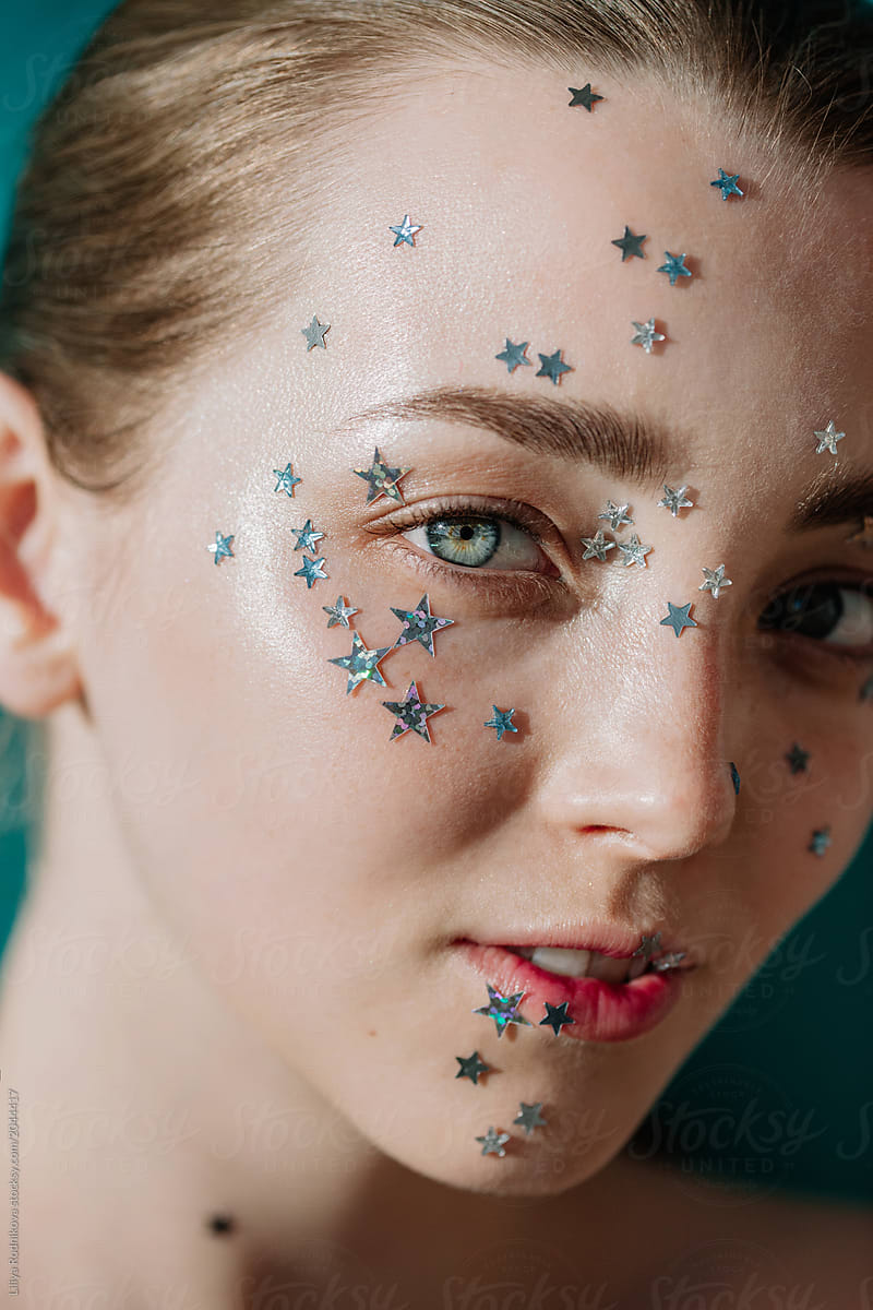 Closeup Portrait Of Pretty Girl With Silver Stars On Her Face By 