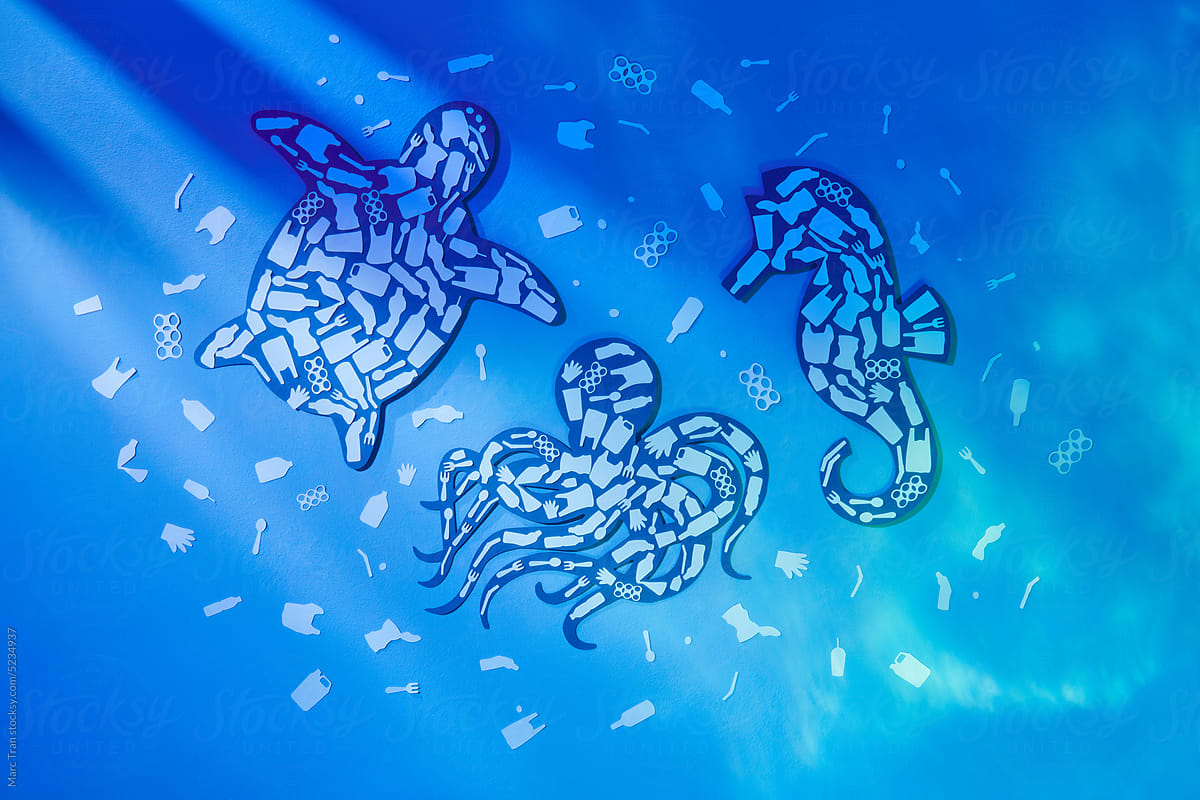 Marine animal silhouette filled with plastic trash illustration