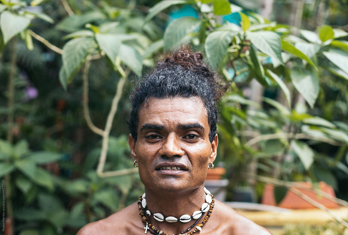 Portrait of a Native american man in a garden