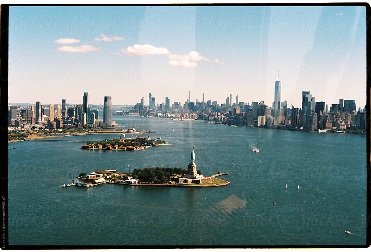 New York Statue of Liberty island view from a helicopter