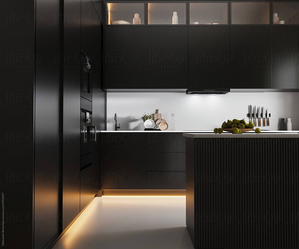 Black luxury kitchen interior with warm  backlight