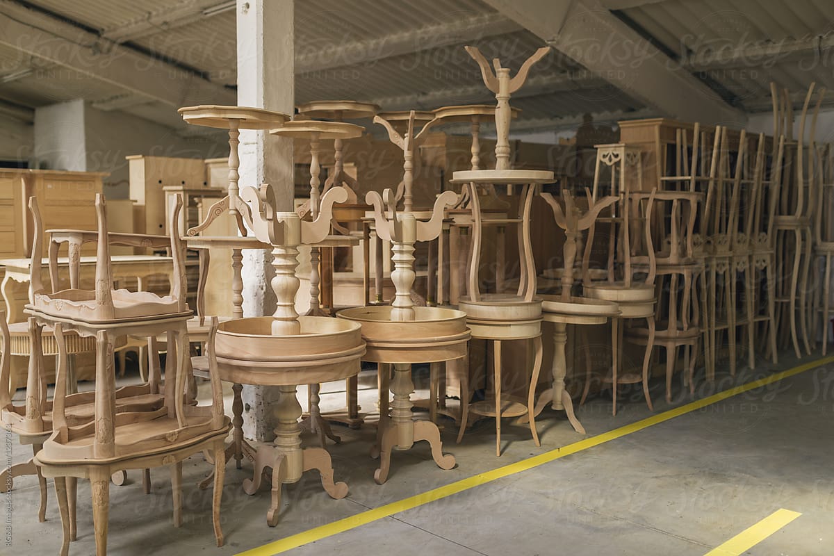 Finished wood furniture in a warehouse