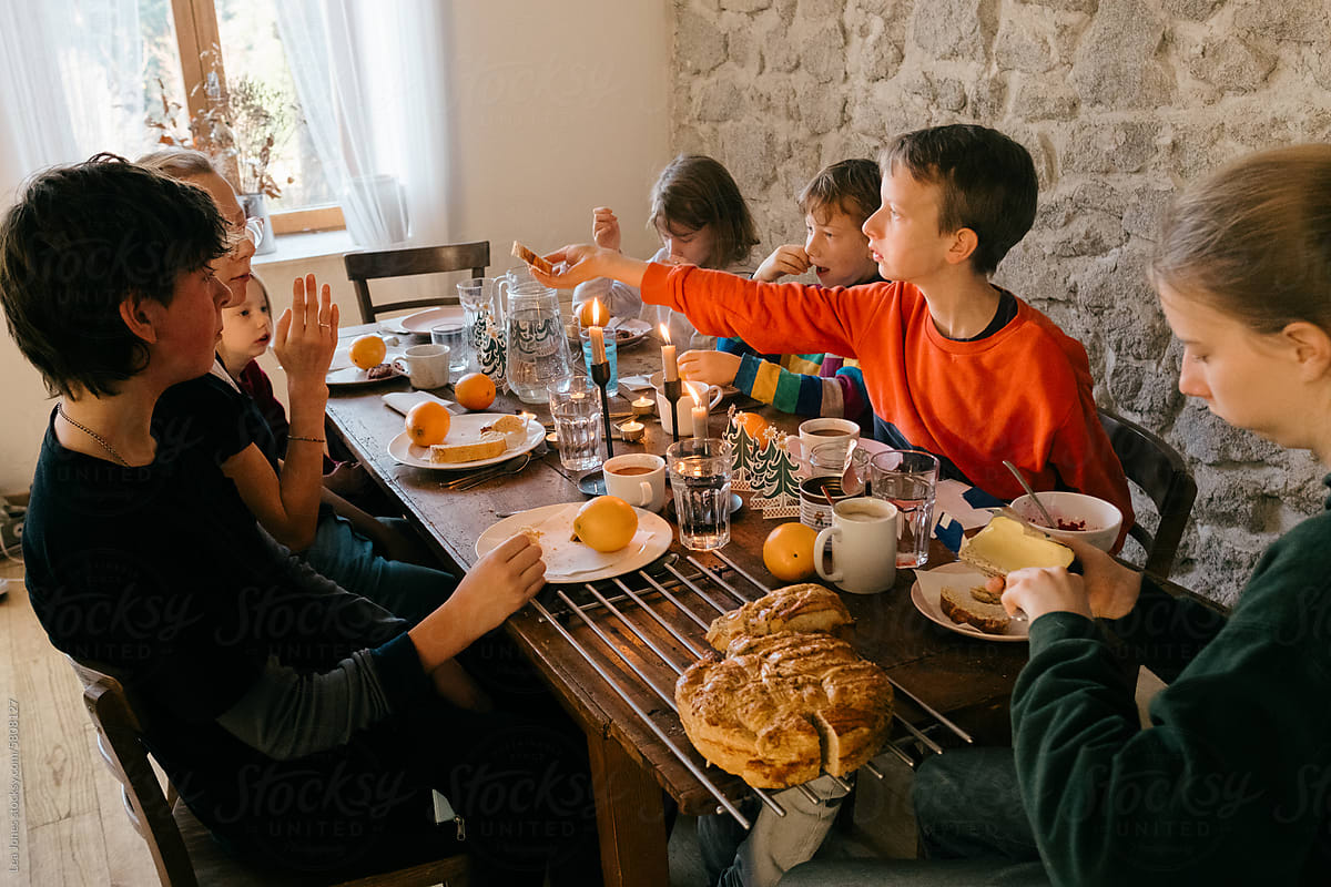festive family breakfast at rustic table