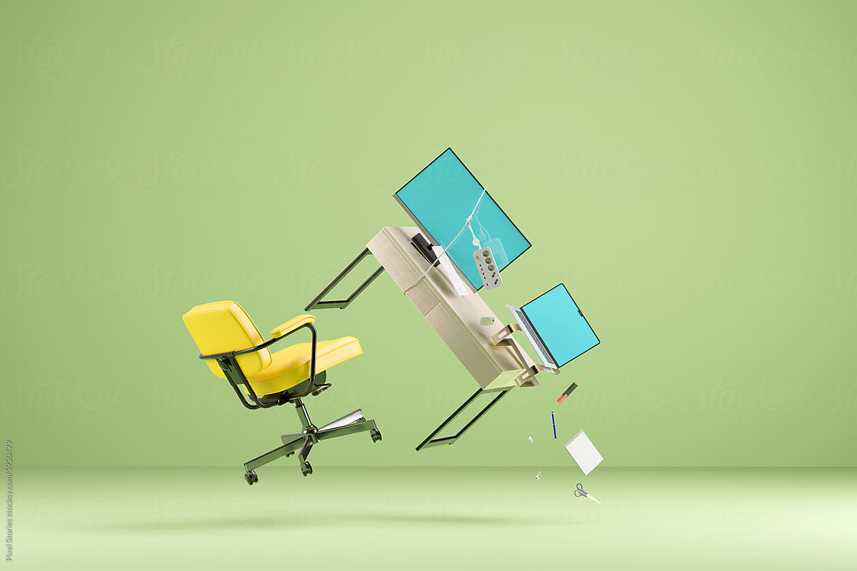 Work job / multitasking balance concept. Floating desk and computer.