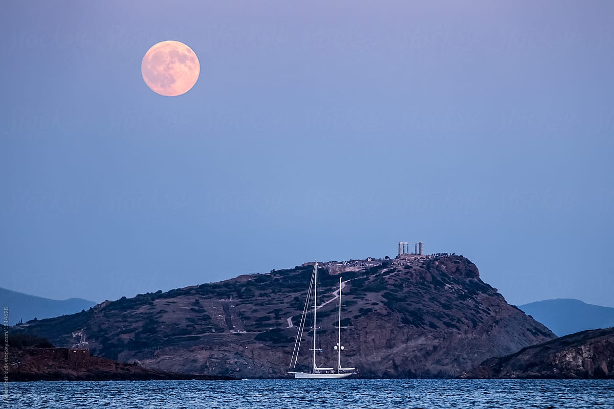 Temple of Poseidon and Sailboat under the Full Moon