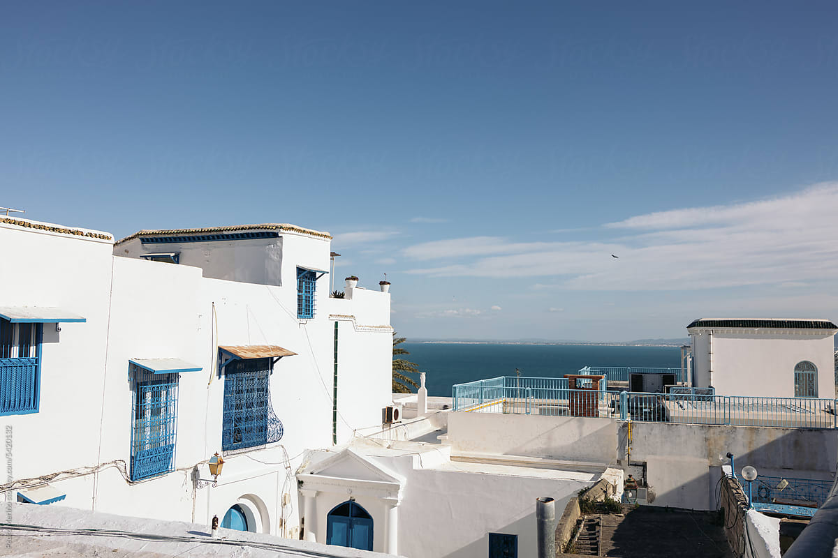 White and blue houses in the streets of Sidi Bou Said, Tunisia
