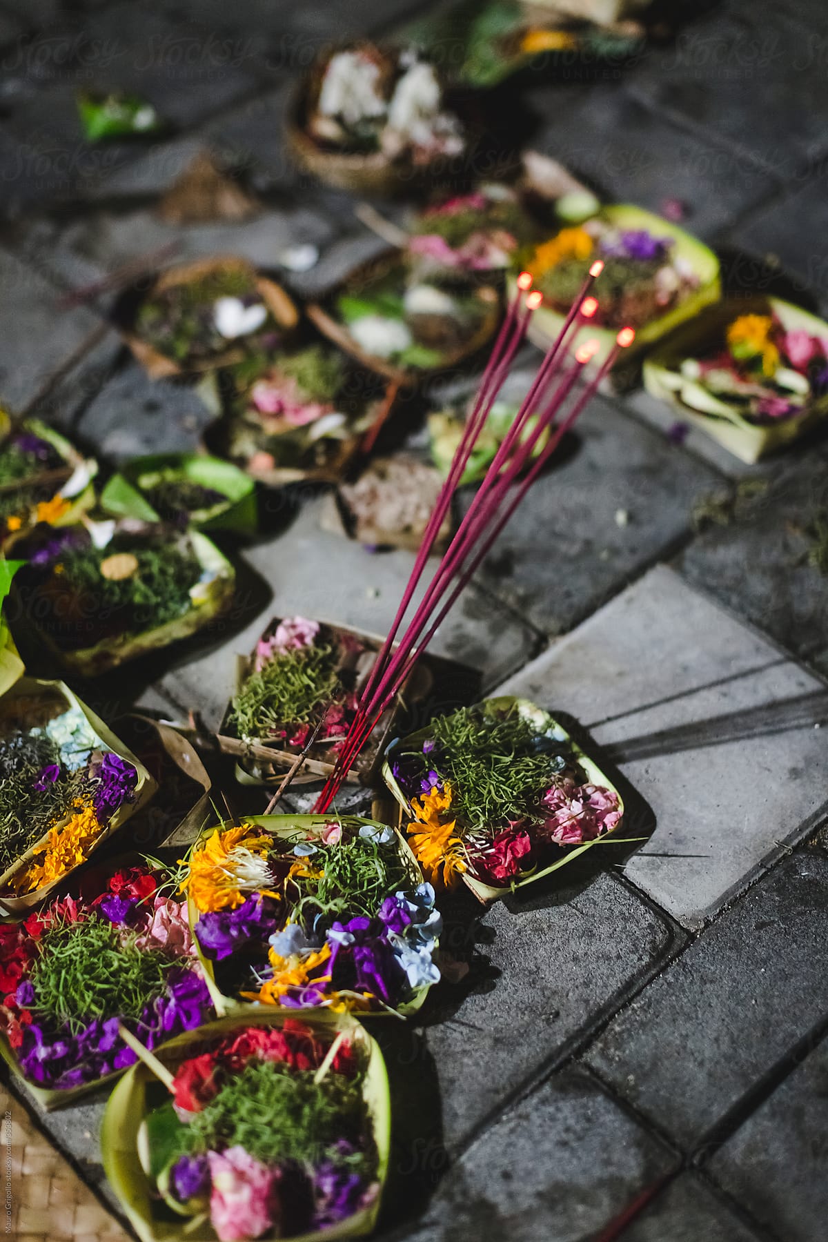 Flower Offering in a Temple in Bali, Indonesia