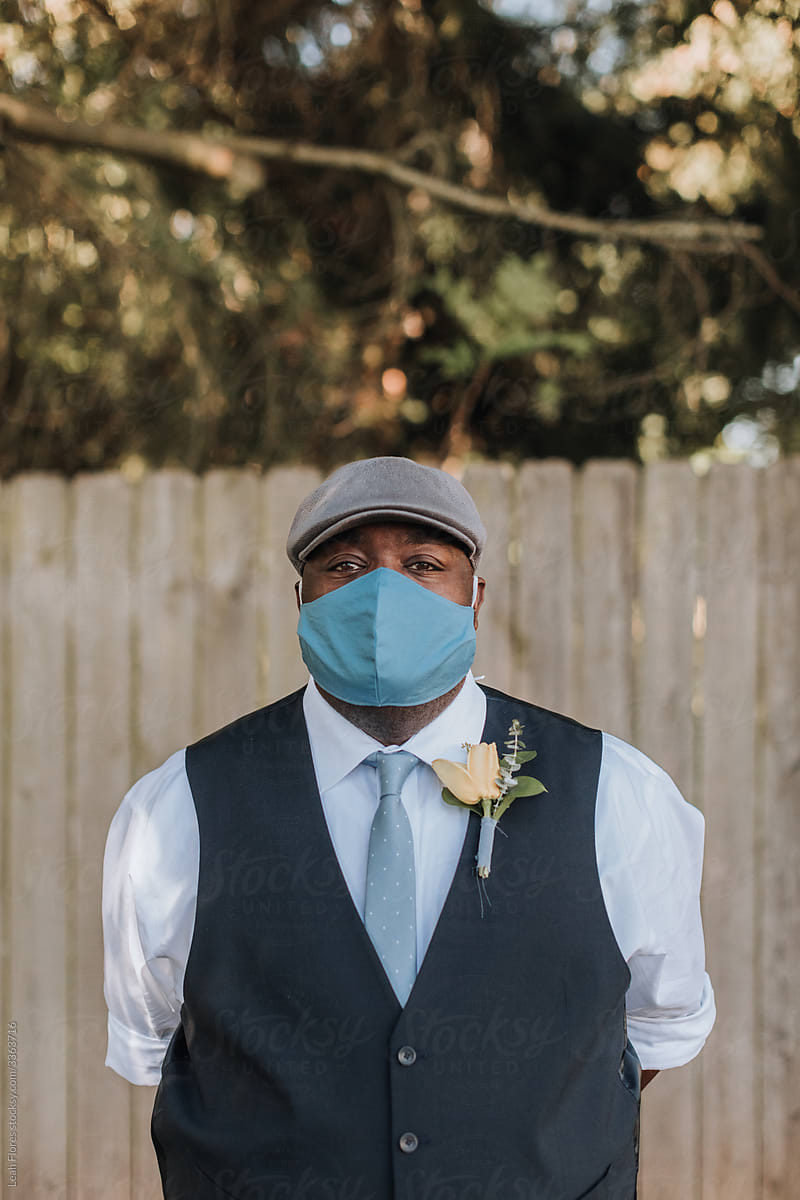 Portrait of Groom Wearing Mask at Wedding during COVID Pandemic