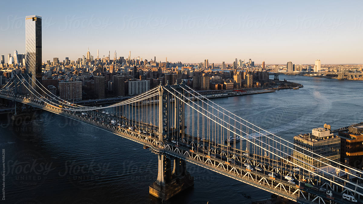 Drone view of Manhattan bridge and New York city on background
