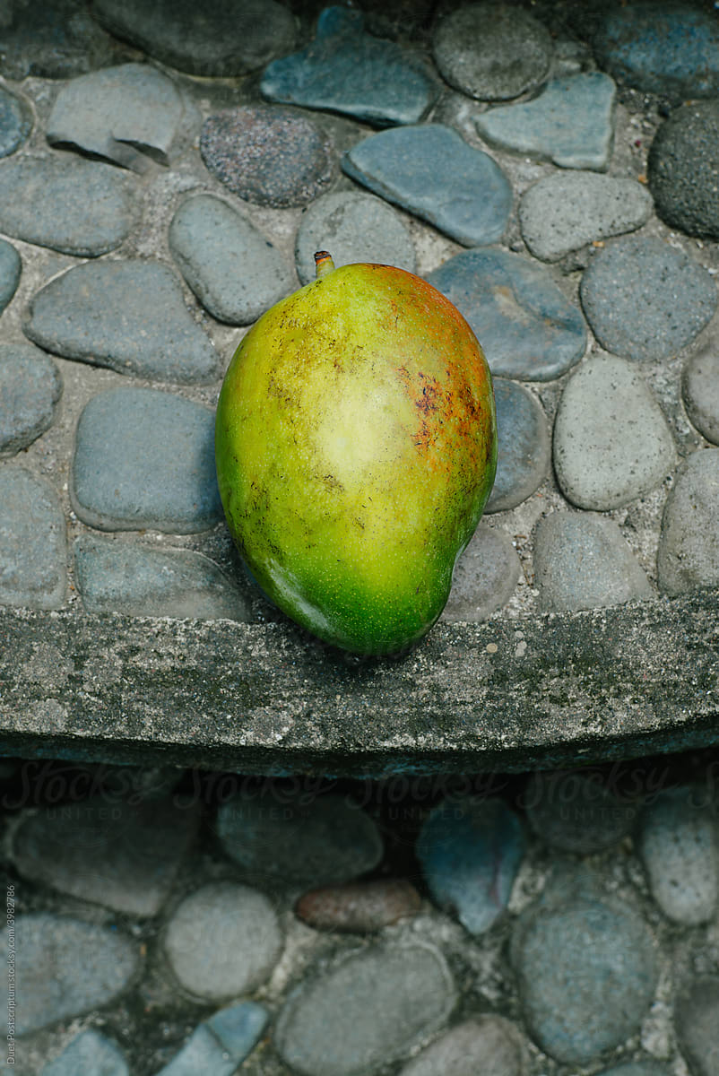 ripe mango lies on a stone surface