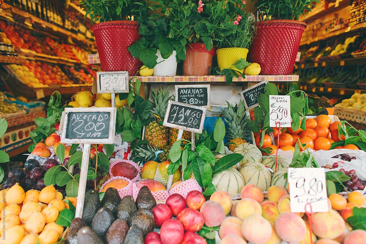 Plastic detox. Fruit and vegetables on display in supermarket